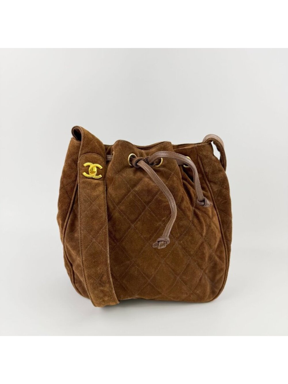 Chanel CC Logo Quilted Shoulder Bag Suede Leather Brown Gold Vintage